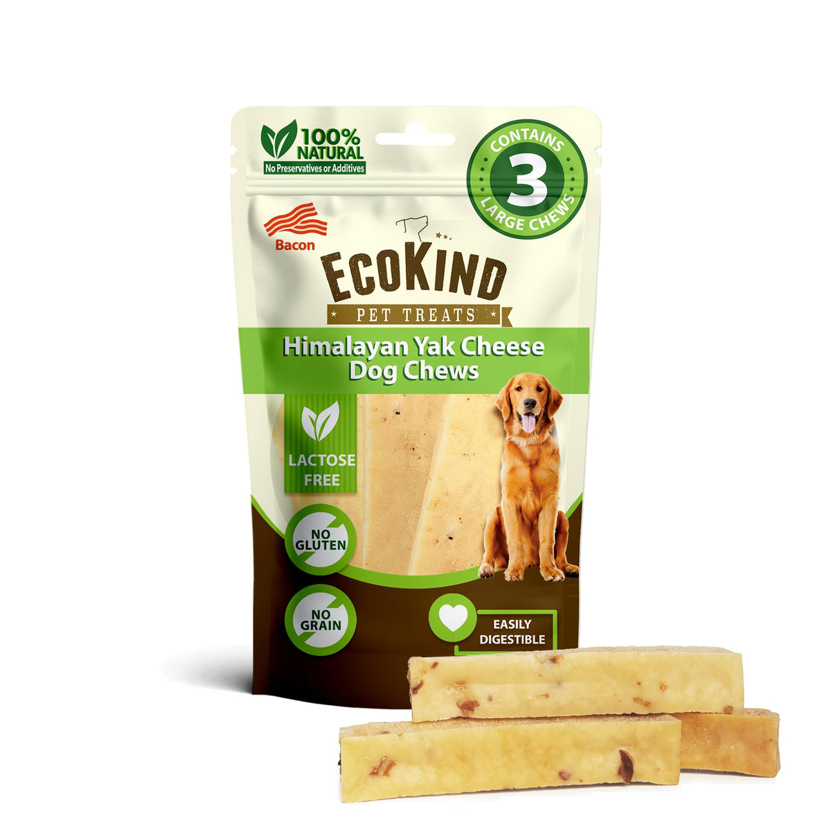 EcoKind Premium Gold Yak Cheese, tiras grandes, ideales para entrenamiento y juego.