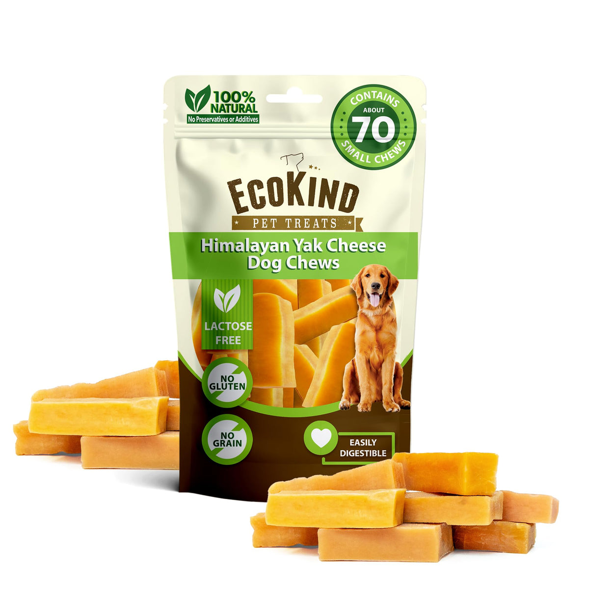 EcoKind Queso de Yak Dorado, masticables para perro en primer plano, sabor natural
