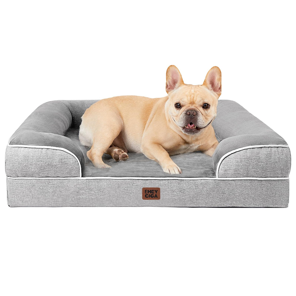 Cama ortopédica EHEYCIGA para perros medianos en gris, respaldo suave y estable.