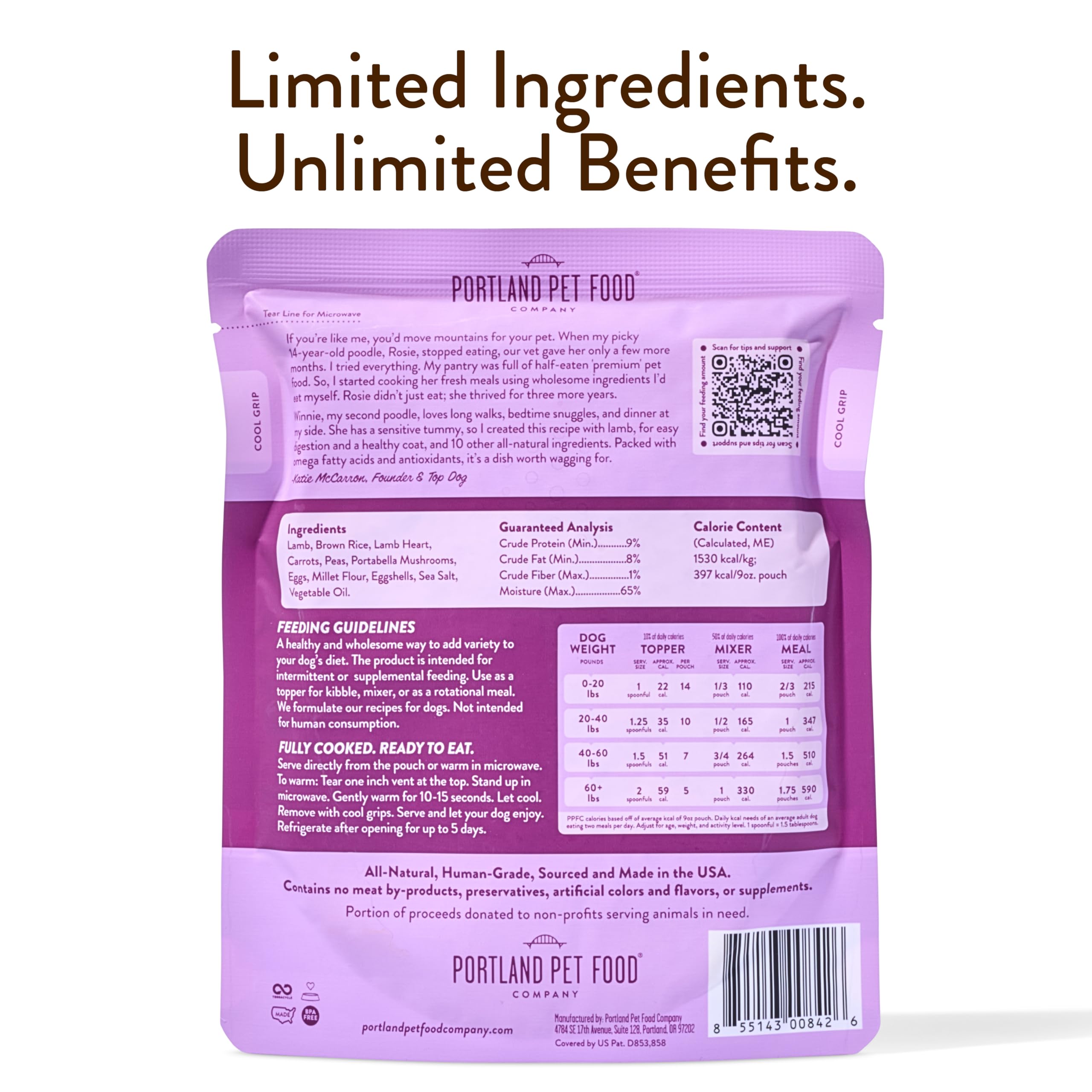 Winnie's Lamb N' Rice en bolsas ingredientes-limitados-sin-gluten, nutrición clara para mascotas