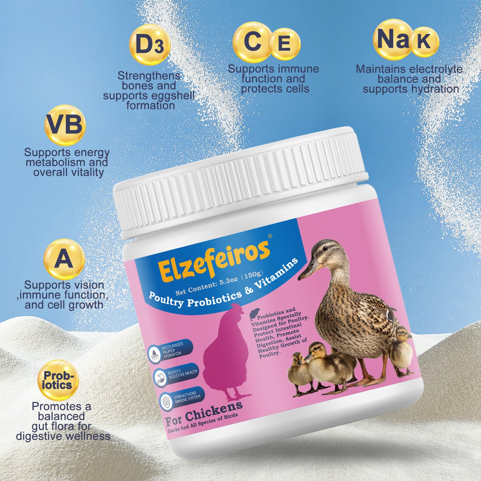 Elzefeiros Salud Inmune para aves, defensas diarias y bienestar.