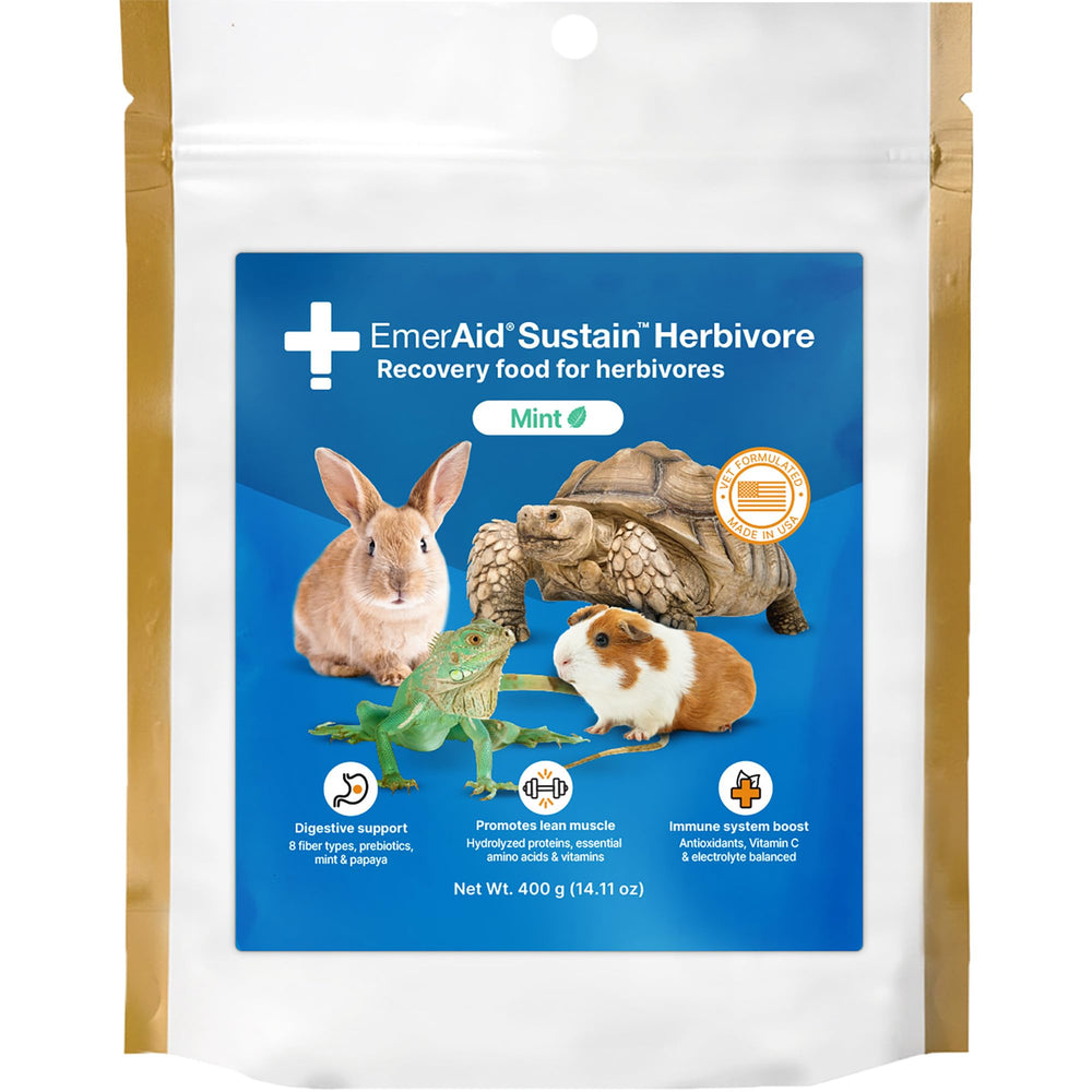 EMERAID Sustain Herbivore envase frontal, ideal para apoyo nutricional de roedores y reptiles herbívoros