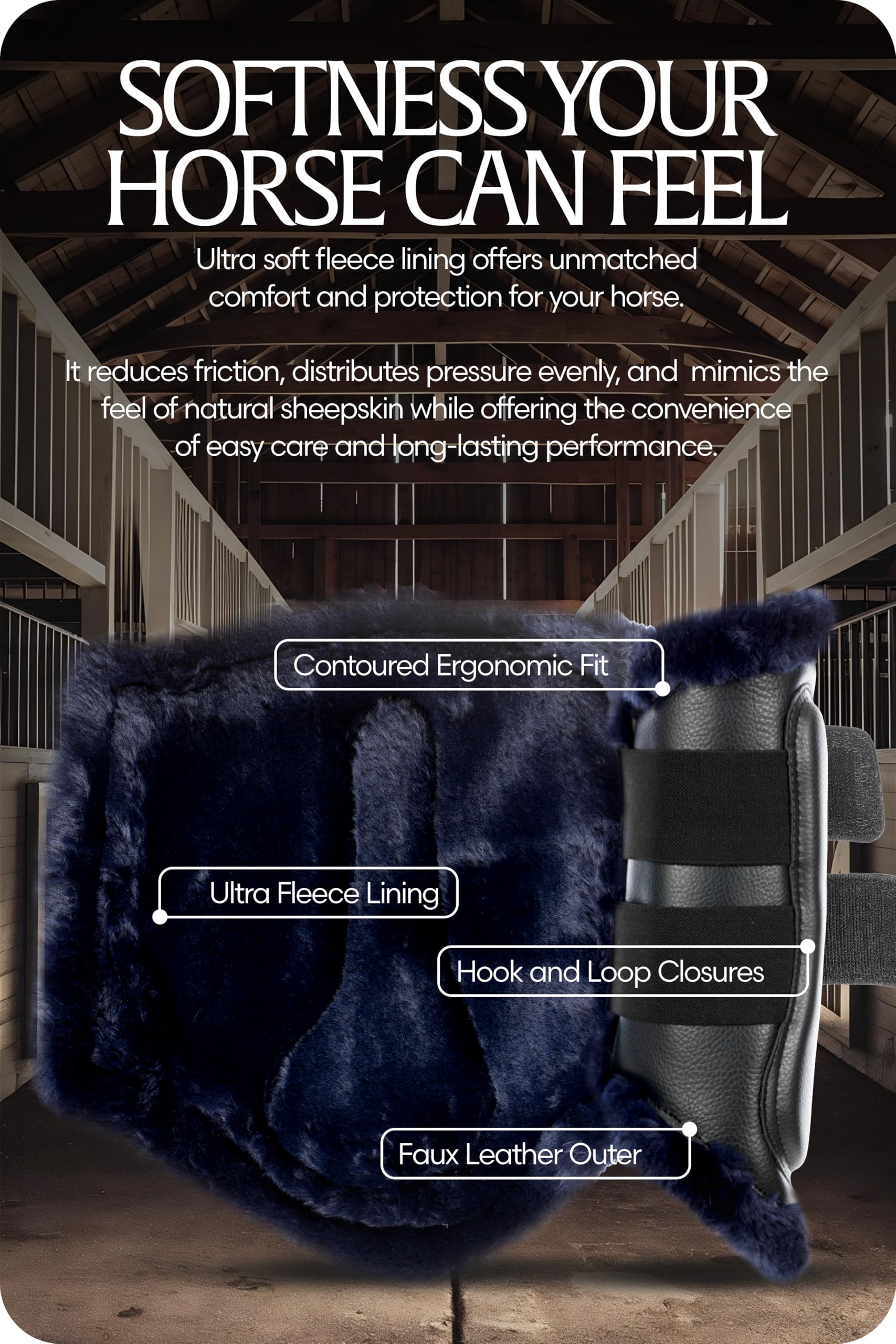 Equinavia Vali Ultra Fleece Brushing Boots: exterior de cuero sintético duradero para entrenamientos diarios.
