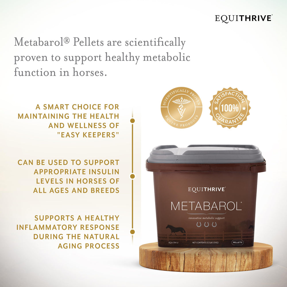 Equithrive Metabarol pellets con cucharilla, dosis precisa para raciones diarias.