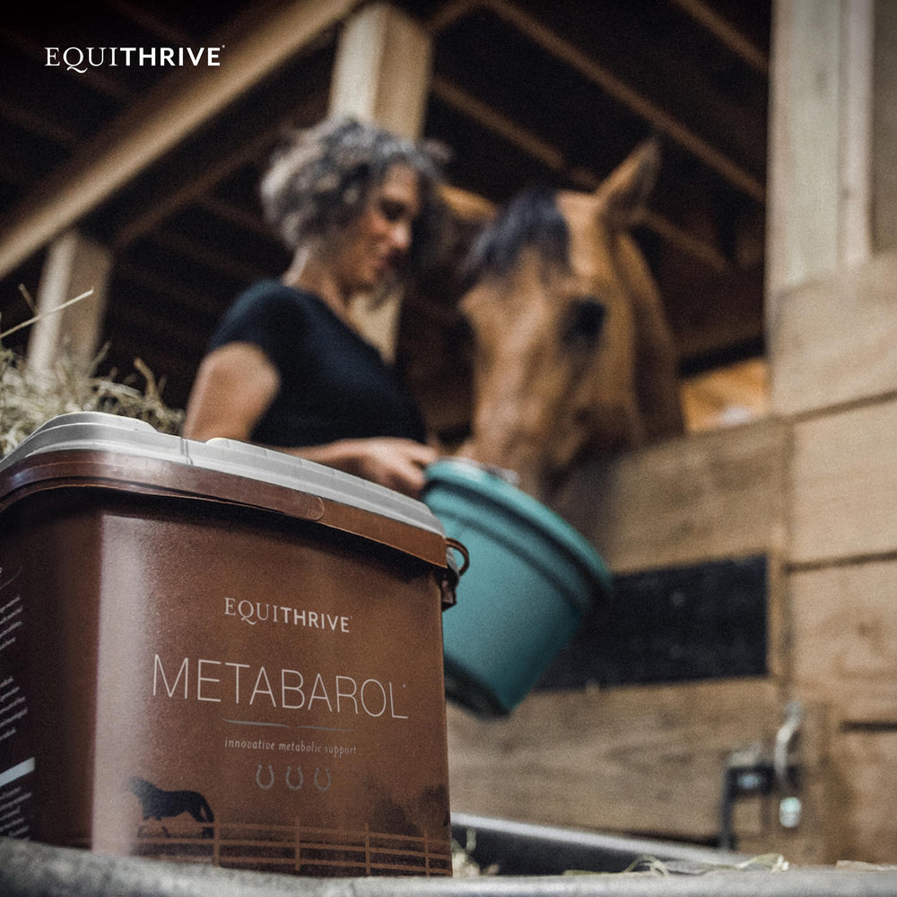 Equithrive Metabarol pellets etiqueta clara, confianza en la procedencia Kentucky.