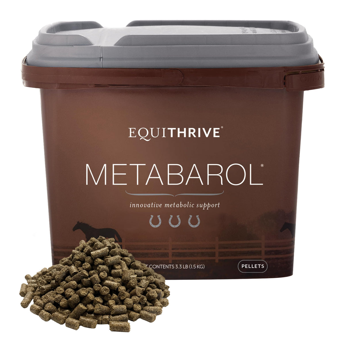 Equithrive Metabarol pellets en tarro, fácil de almacenar para uso diario.