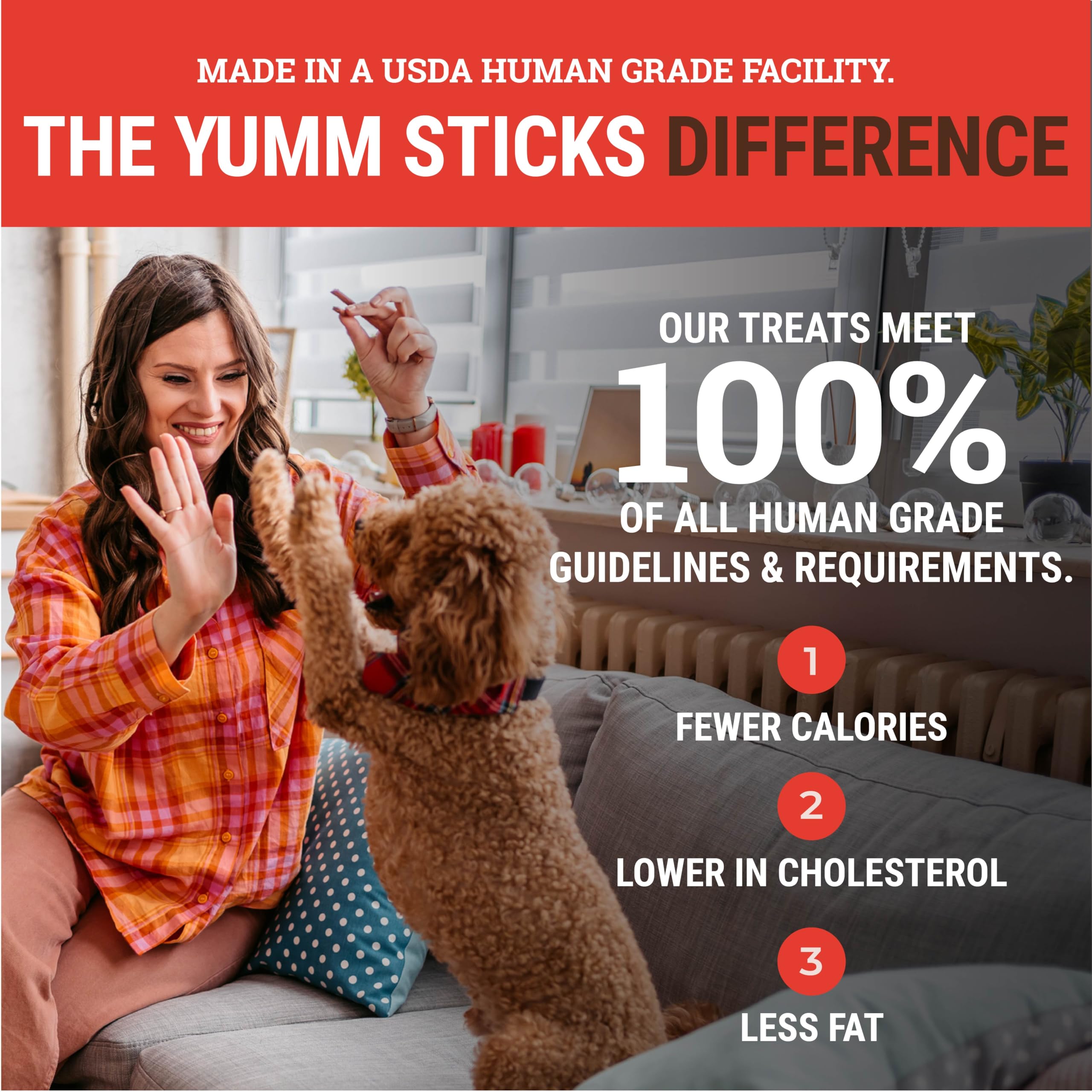 etta says! Yumm Sticks grado humano para un snack seguro y confiable.