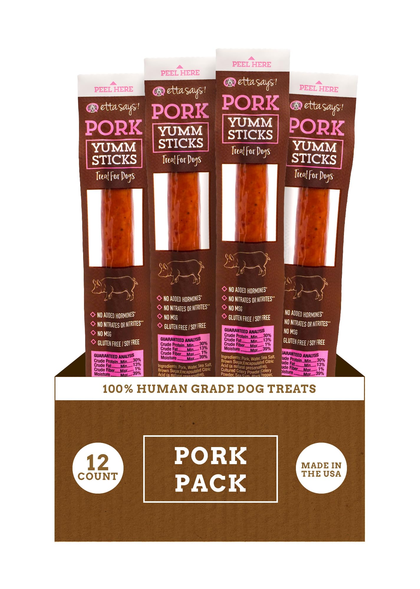 etta says! Yumm Sticks, jerky de cerdo para perros, sabor sabroso para premiar.