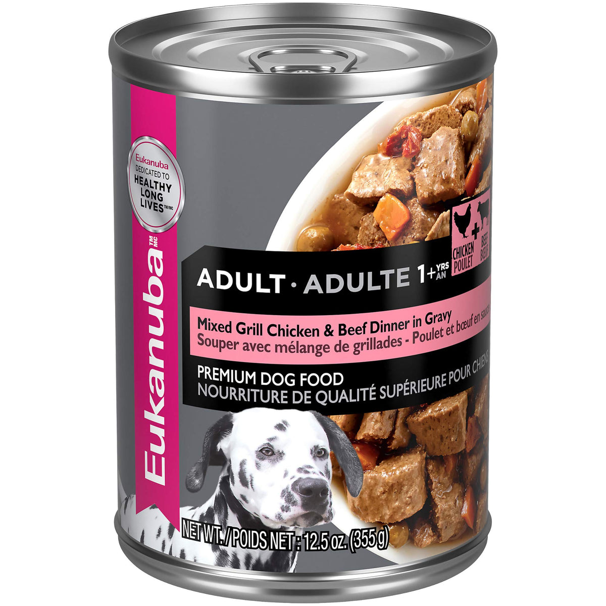 Alimento húmedo Eukanuba para adultos, mezcla parrilla pollo y res en salsa, apoyo muscular.
