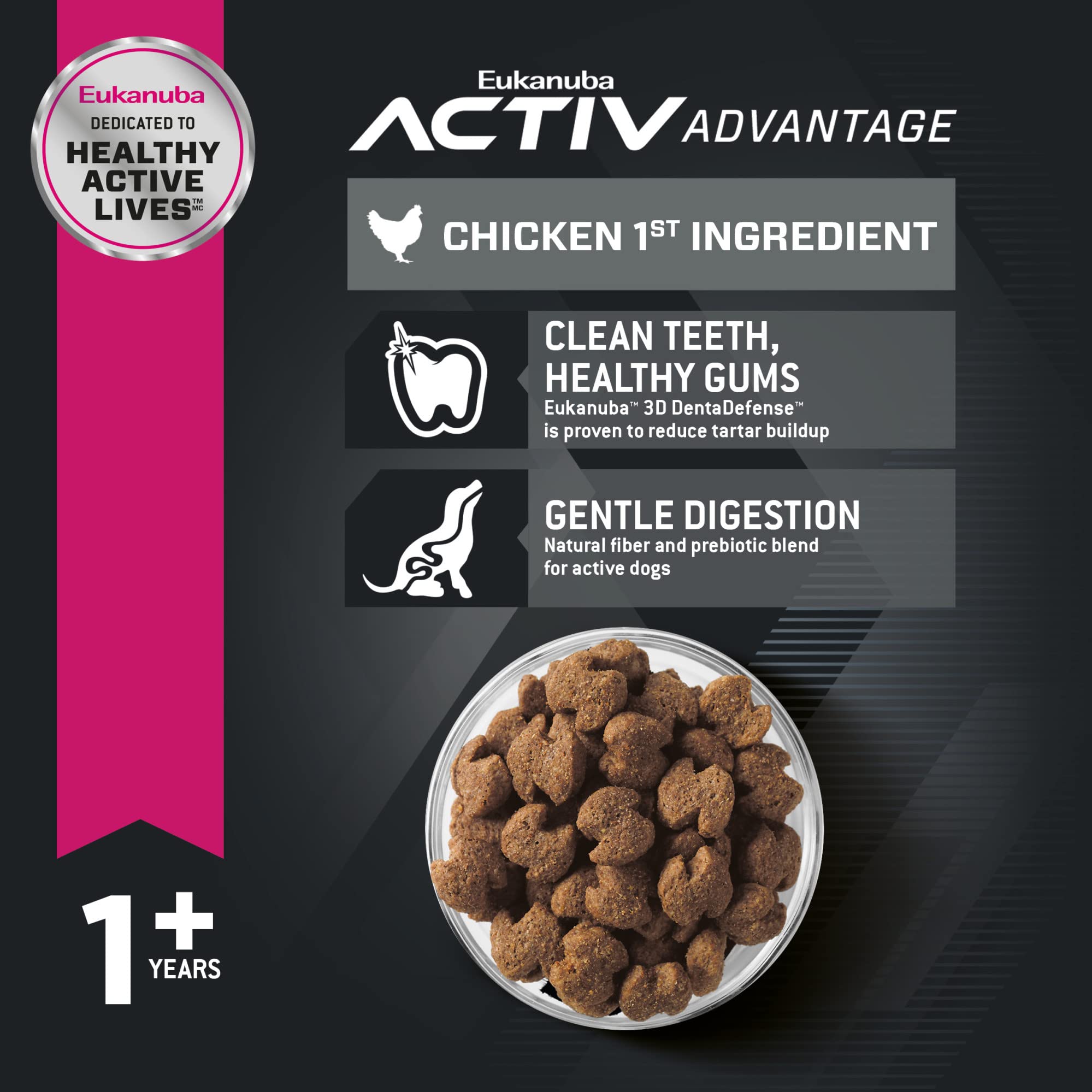 Alimento seco de Eukanuba para perro grande adulto, bolsa abierta para servicio rápido.