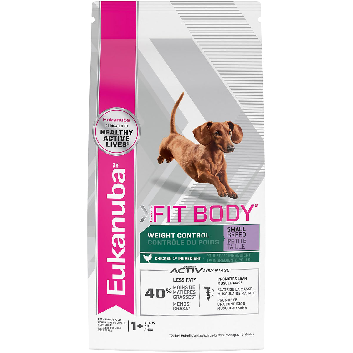 Eukanuba Fit Body Small Breed bag front shows weight-control formula for lean energy