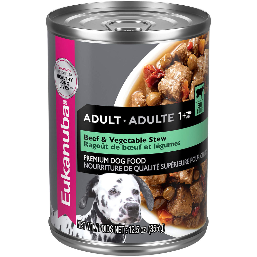 Eukanuba estofado carne y verduras en lata, ideal para perros activos.