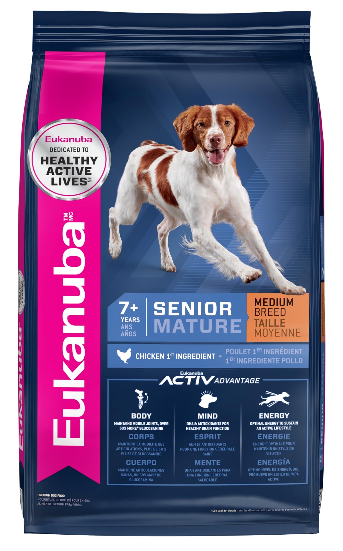 Eukanuba Senior Razamediana, alimento seco 30 lb para mantener energía diaria en perros medianos.