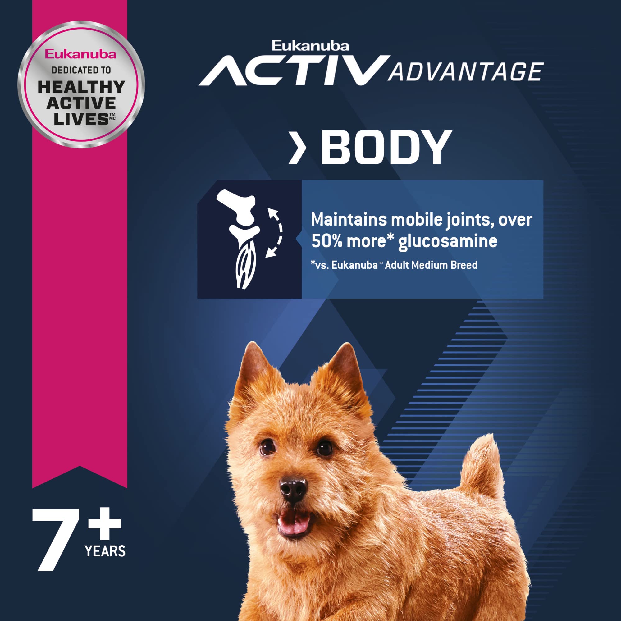 Eukanuba Senior Small Breed DHA y antioxidantes para función cerebral y defensas.