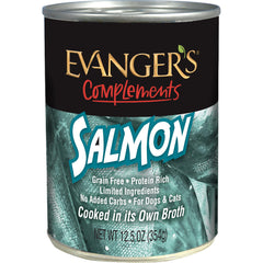 Evanger’s Complements Salmon, lata abierta, textura jugosa para estimular el apetito.