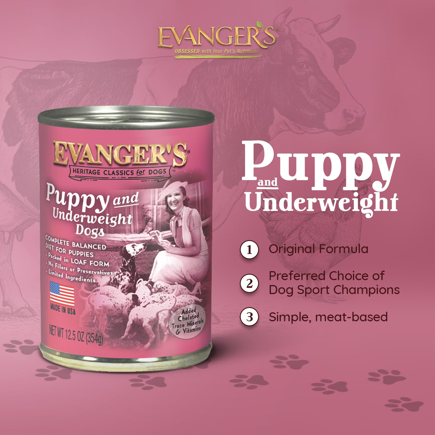 Evanger's Heritage Clasica, lata cordero-arroz para cachorros, sabor natural
