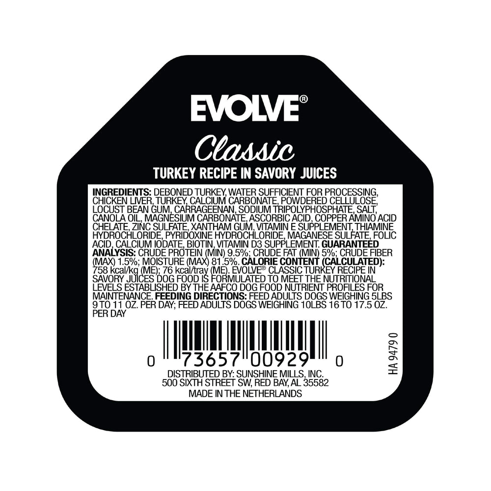 Evolve en lata con caldo de pavo, textura sabrosa para perros.