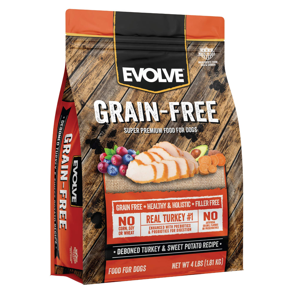 Evolve sin grano pavo, envase principal, ideal para perros con sensibilidades.