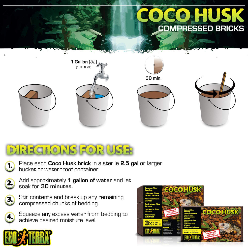 Formato comprimido del Coco Husk Brick facilita manejo en terrarios.