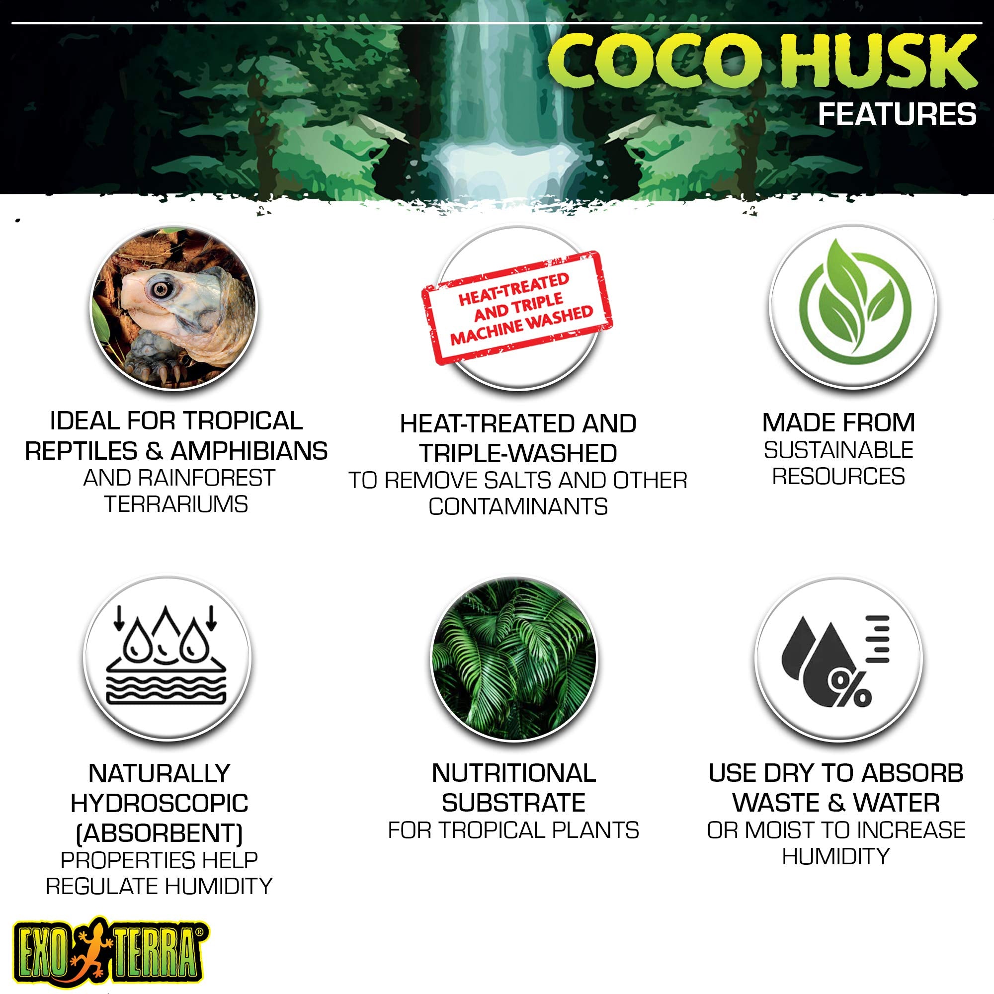 Textura fibrosa del Coco Husk Brick para sustrato natural en terrarios tropicales.