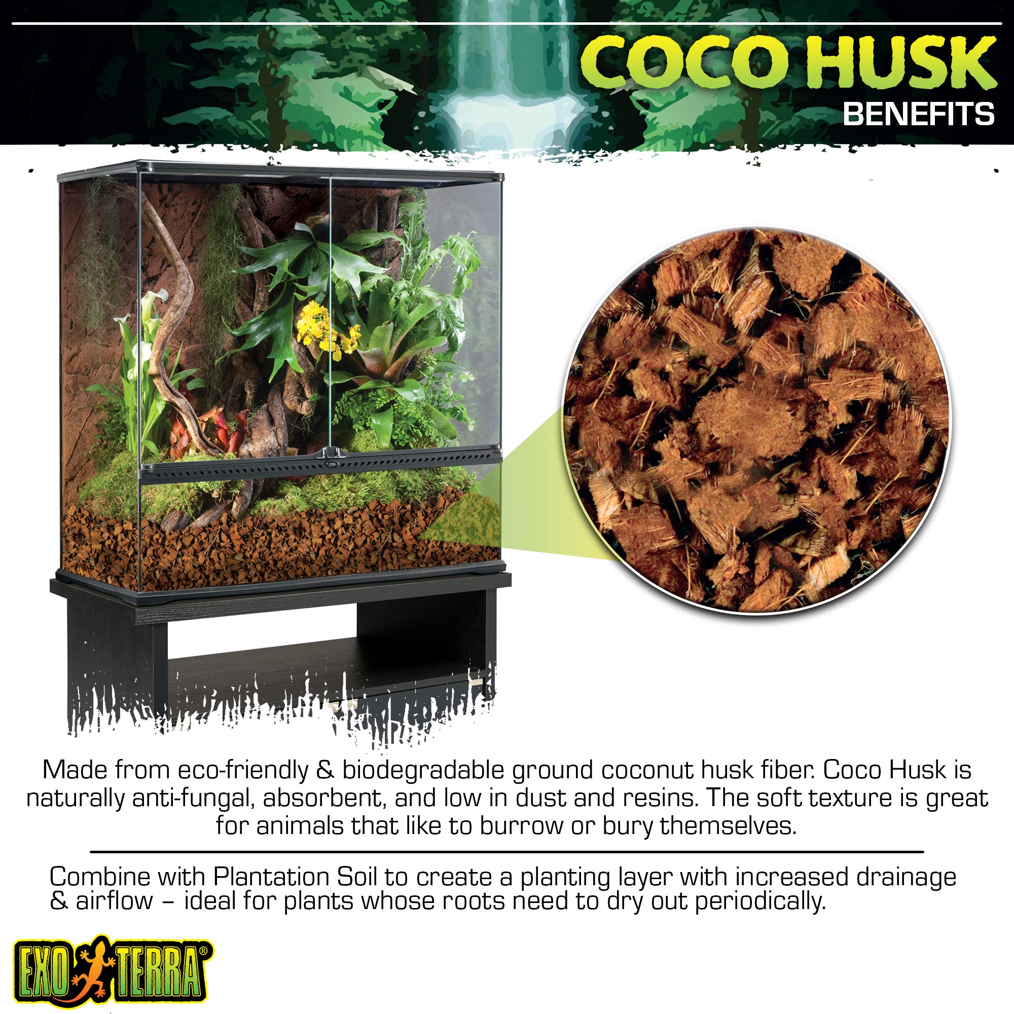 Exo Terra Coco Husk: favorece comportamientos de excavación en terrarios.
