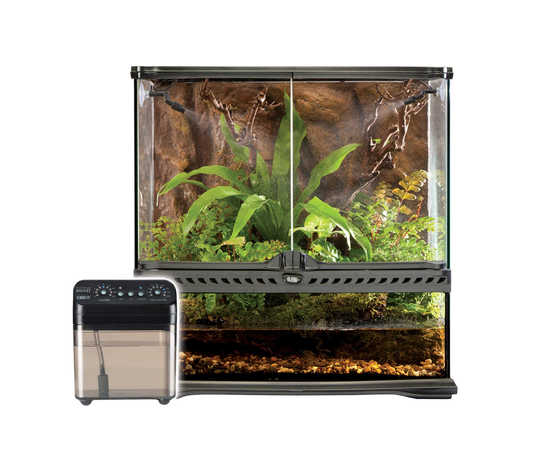 Exo Terra Monsoon Solo II: depósito de 1.5 L para operación prolongada sin recargas.