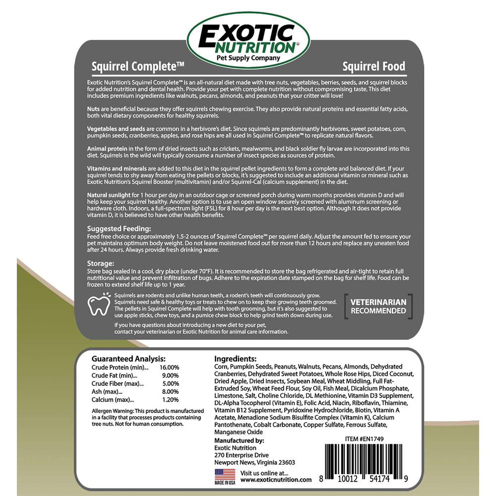 Ardillas terrestres, grises y voladoras consumen Exotic Nutrition Completo, dieta versátil