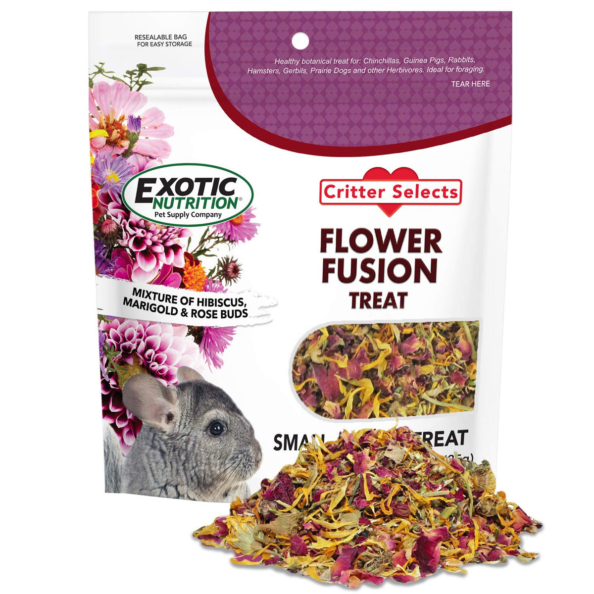 Exotic Nutrition Flower Fusion: pétalos de rosas, ideal para forraje de roedores.