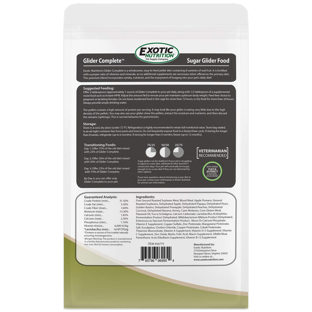 Exotic Nutrition Glider Complete contiene proteína de alta calidad para desarrollo diario.