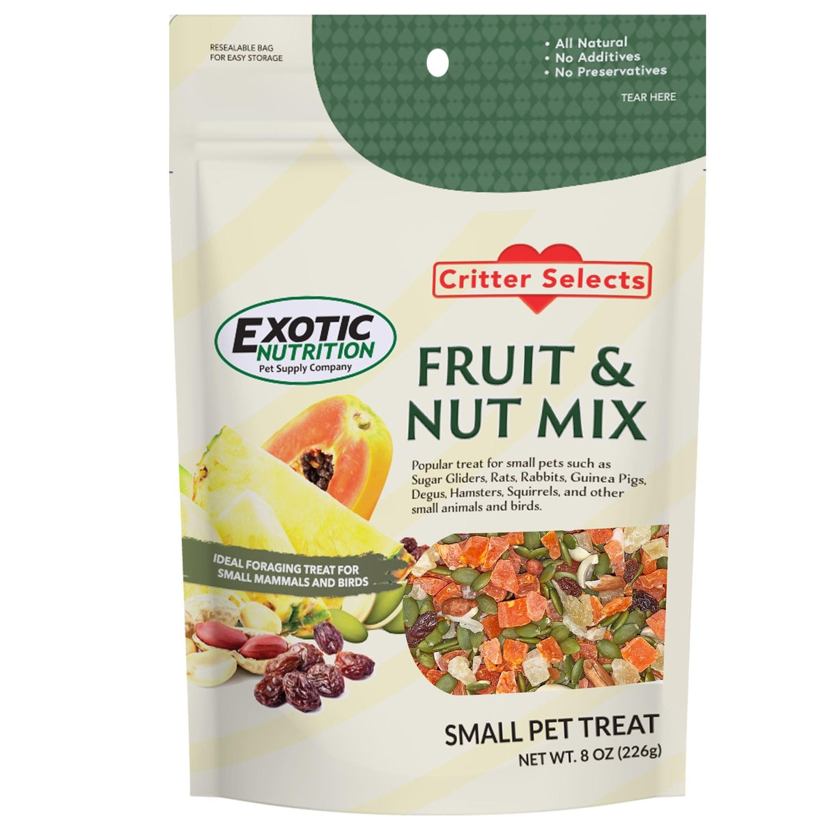 Exotic Nutrition – mezcla fruta y nueces en una porción atractiva para mascotas.