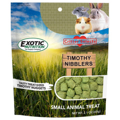 Exotic Nutrition mordiscos Timothy, envase frontal, snack crujiente para roedores y dientes sanos.