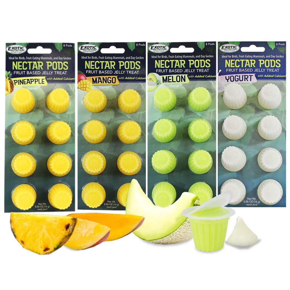 Nectar Pods de Exotic Nutrition, variedad 4 pack frutas, ideal para mascotas pequeñas.