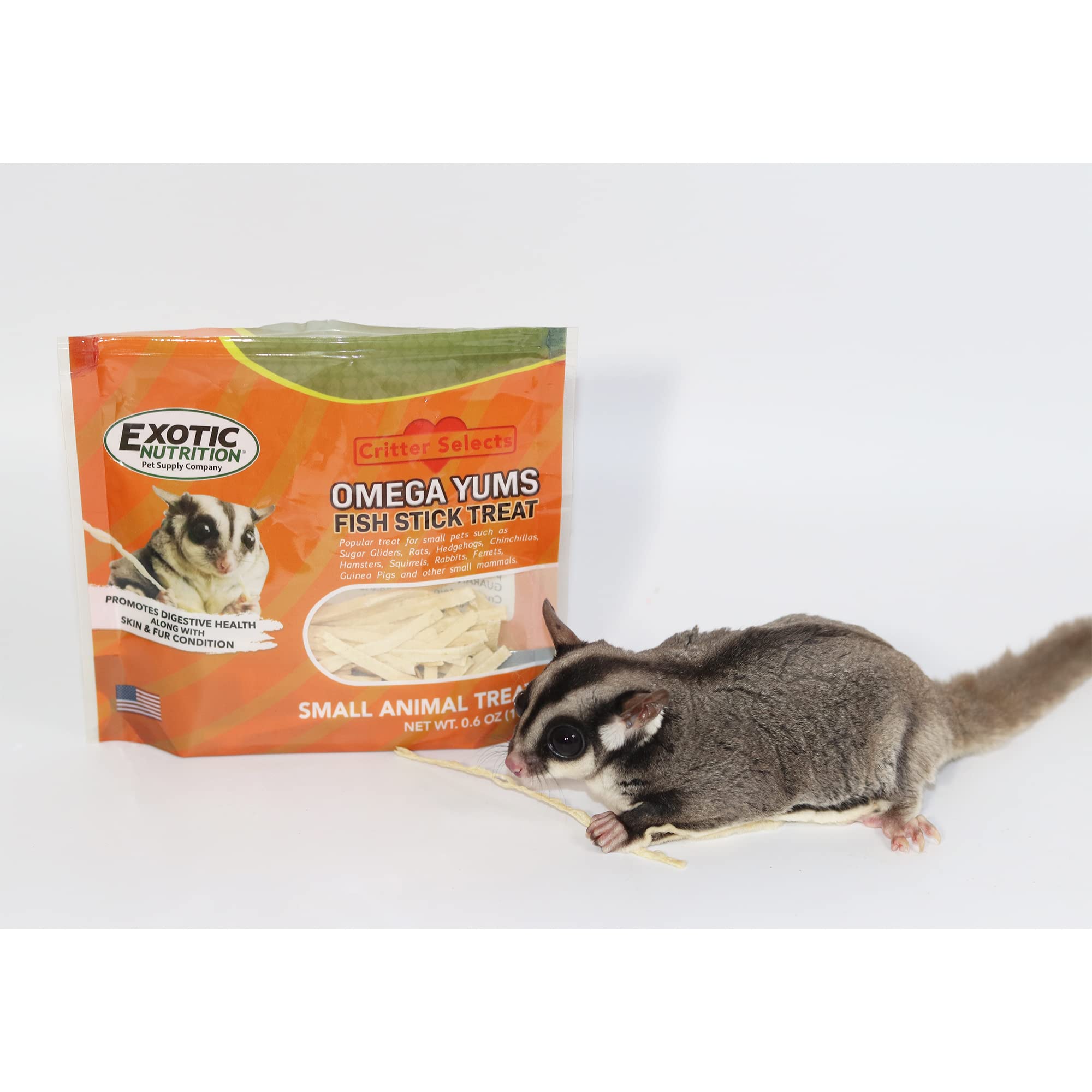 Omega YUMS Exotic Nutrition barrita-pescado para hurones, pelaje más brillante tras la comida.