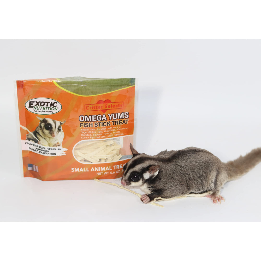 Omega YUMS Exotic Nutrition barrita-pescado para hurones, pelaje más brillante tras la comida.