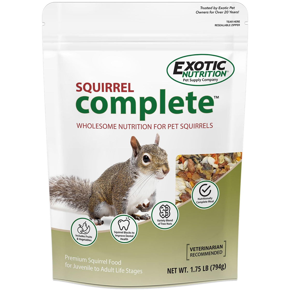Exotic Nutrition Squirrel Complete en bolsa de 1,75 lb para ardillas.
