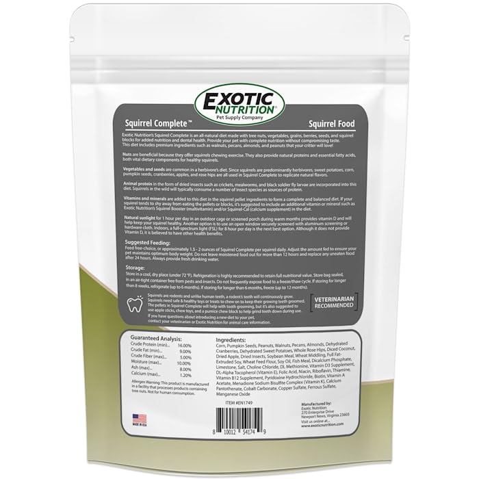 Ingredientes naturales visibles en Exotic Nutrition Squirrel Complete para una dieta completa.