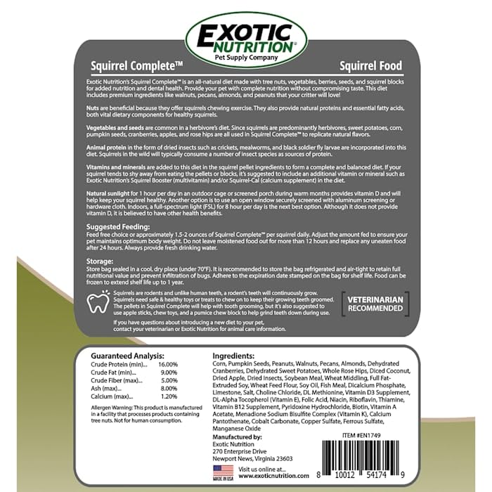 Ardillas terrestres, grises y voladoras con dieta versátil de Exotic Nutrition.