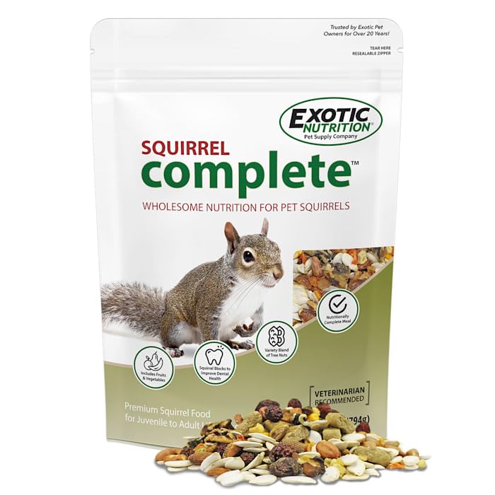 Proteína de insectos seca en Exotic Nutrition Squirrel Complete para soporte nutricional.