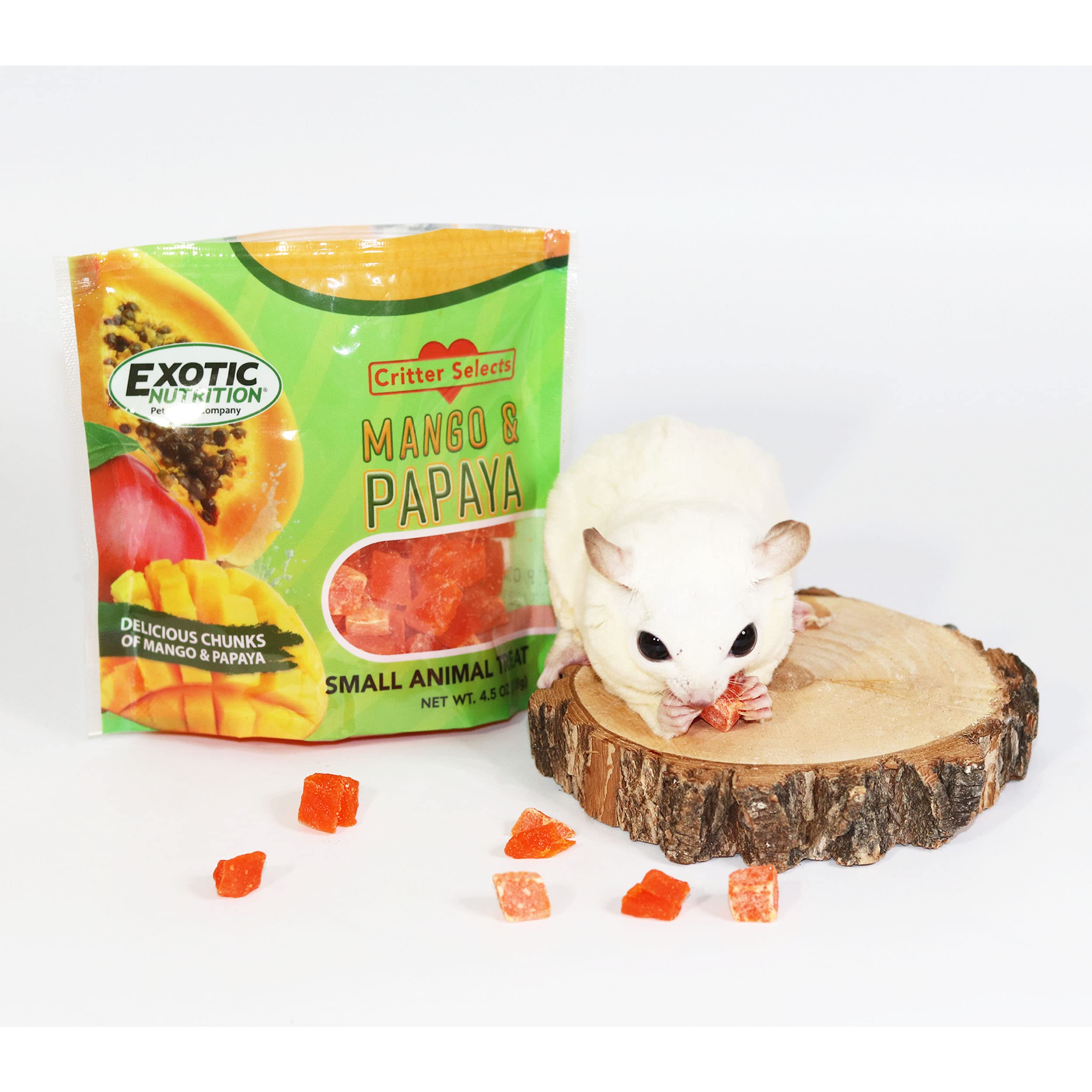 Exotic Nutrition cubos secos de mango y papaya, listos para masticar y premiar roedores.