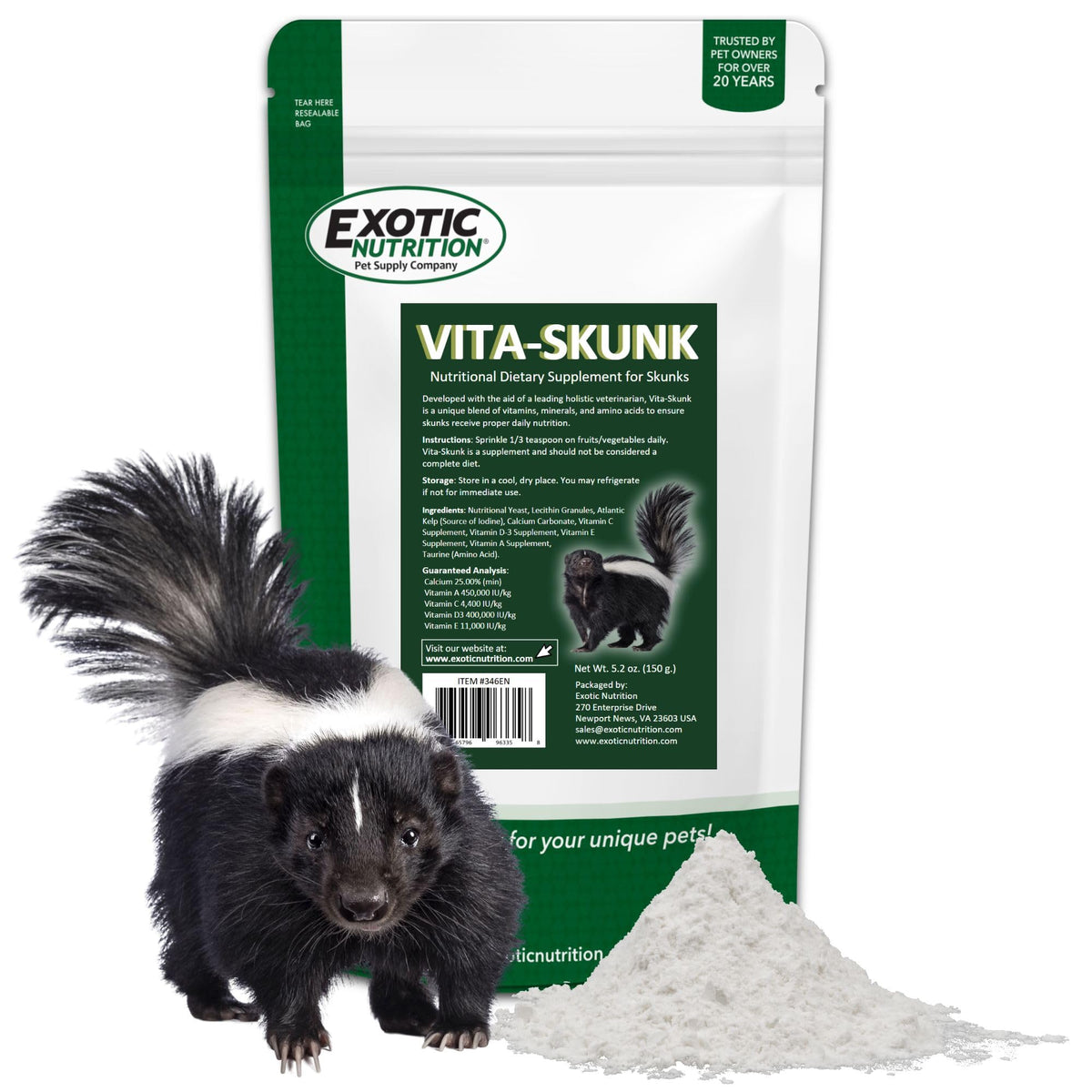 Vita-Skunk de Exotic Nutrition, bolsa de ingredientes para zorrillos, nutrición diaria