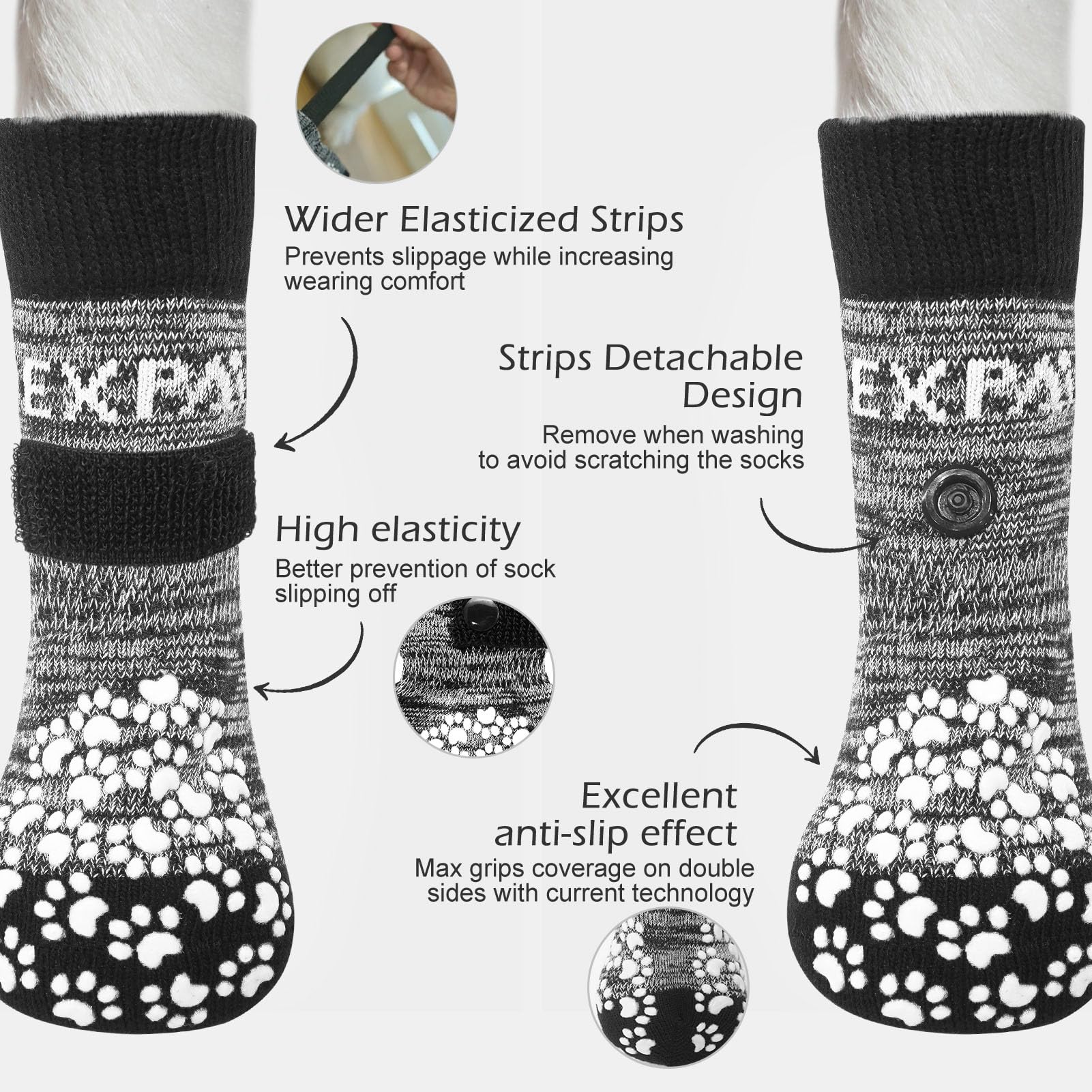 EXPAWLORER acercamiento de pata con calcetines, ajuste suave para comodidad diaria.