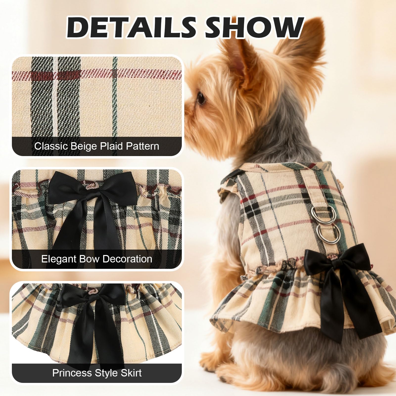 EXPAWLORER arnés para perro talla S con diseño de cuadros beige y ajuste seguro.