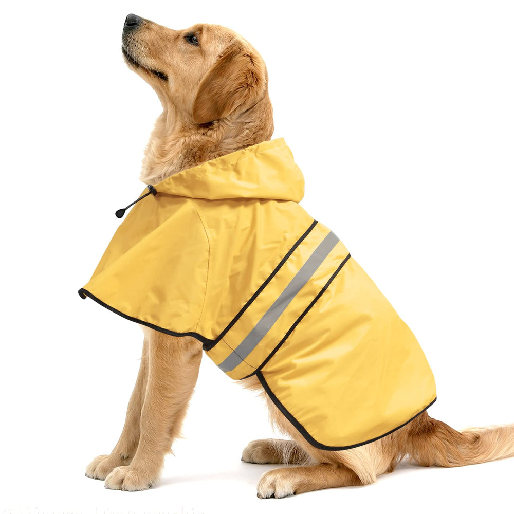 Ezierfy impermeable para perros con capucha y tiras reflectantes en amarillo, ideal para paseos nocturnos.