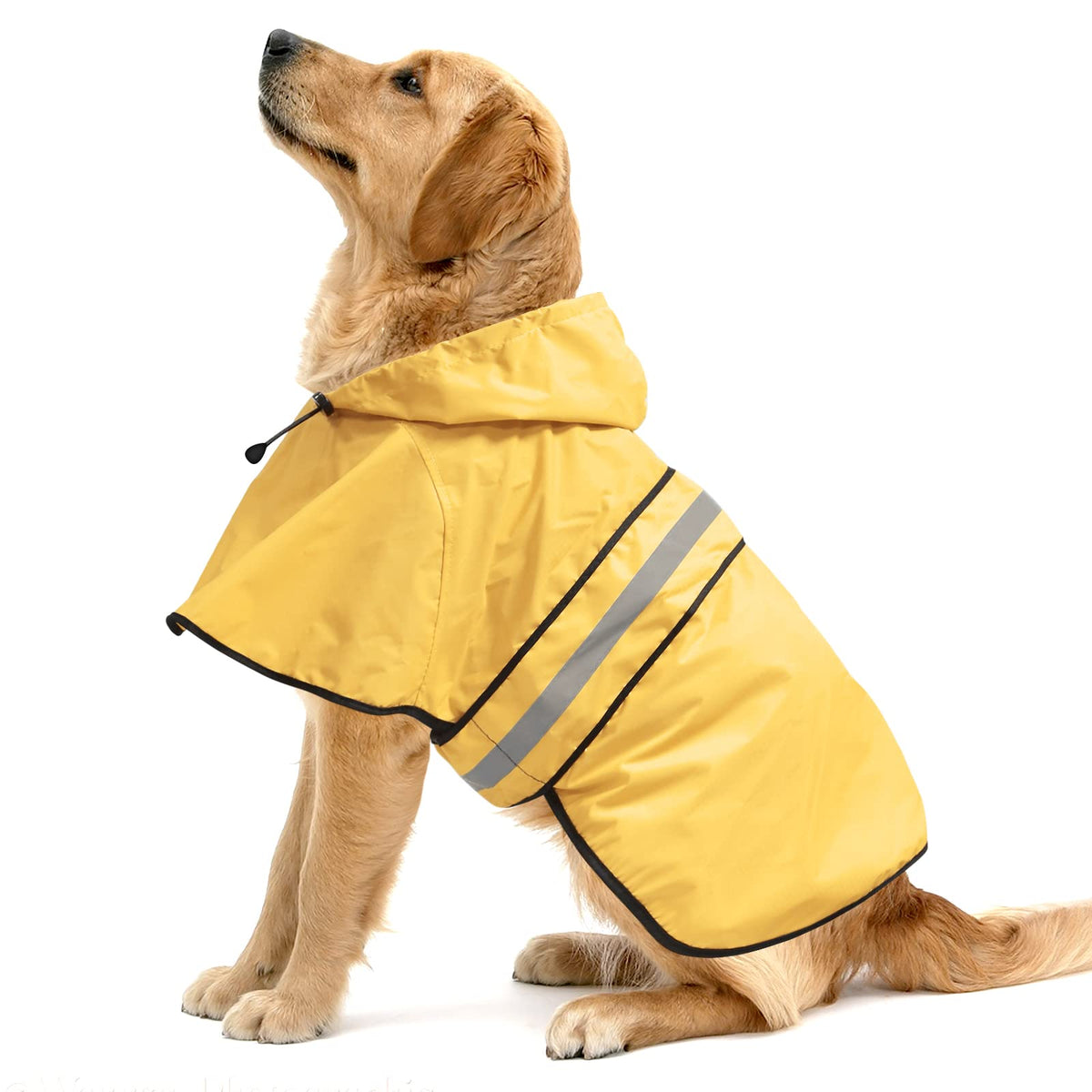 Ezierfy impermeable para perros con capucha y tiras reflectantes en amarillo, ideal para paseos nocturnos.