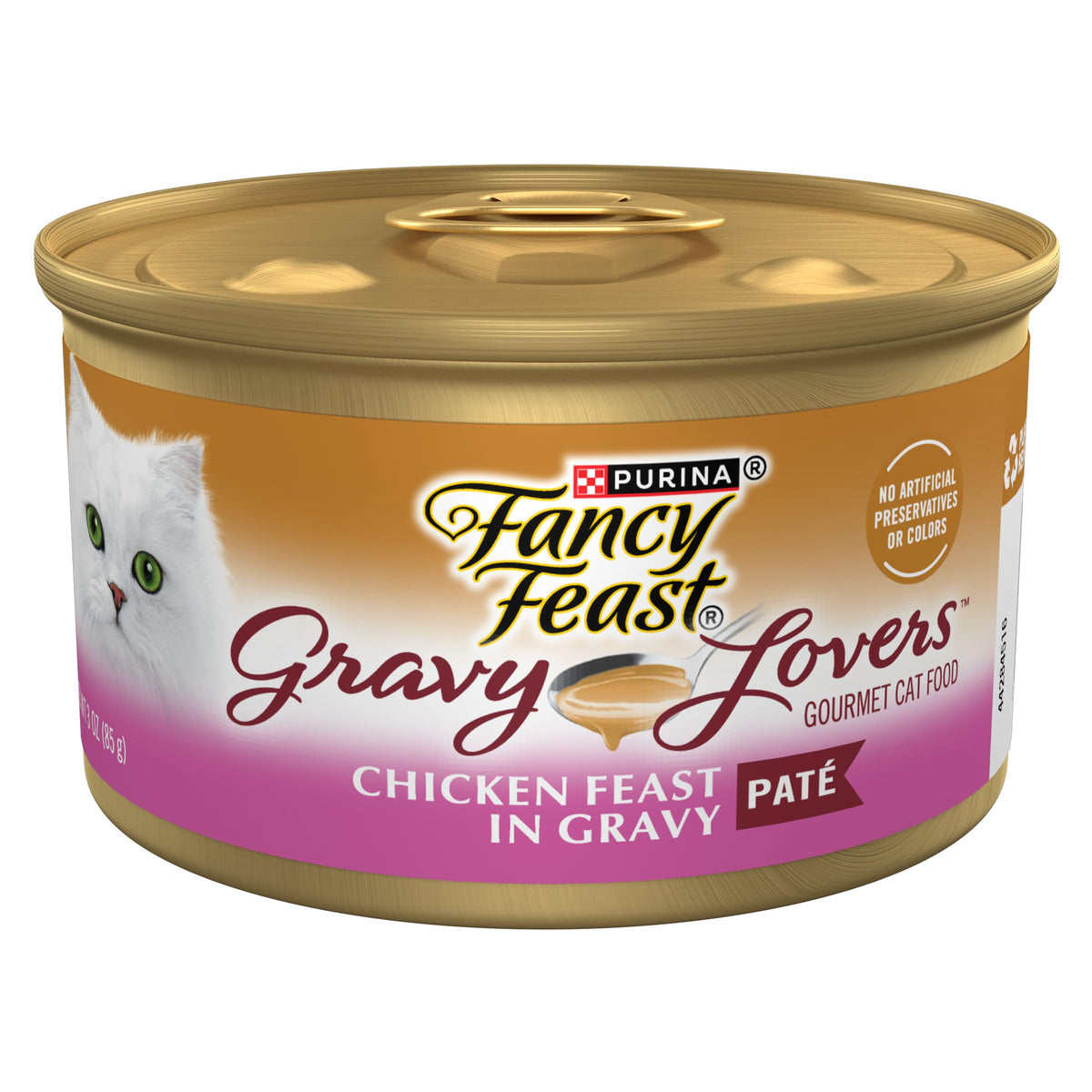 Purina Fancy Feast, lata con salsa visible, experiencia sabrosa para gatos adultos.