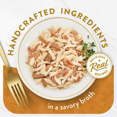 Purina Fancy Feast Appetizers broth texture highlighting a cat-safe topper with silky broth and tender bites