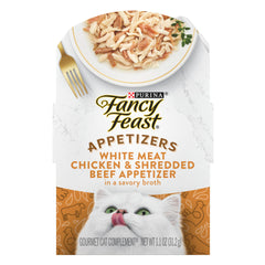 Purina Fancy Feast Appetizers tray featuring chicken and shredded beef for rich flavor and moisture