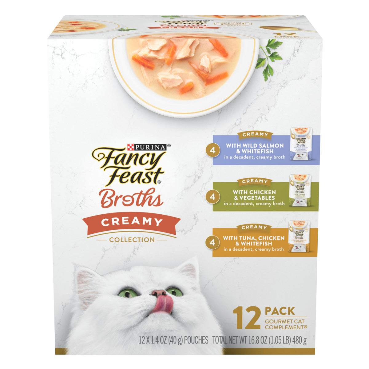 Fancy Feast Broths chicken and vegetables pouch; creamy broth topper to entice meals.