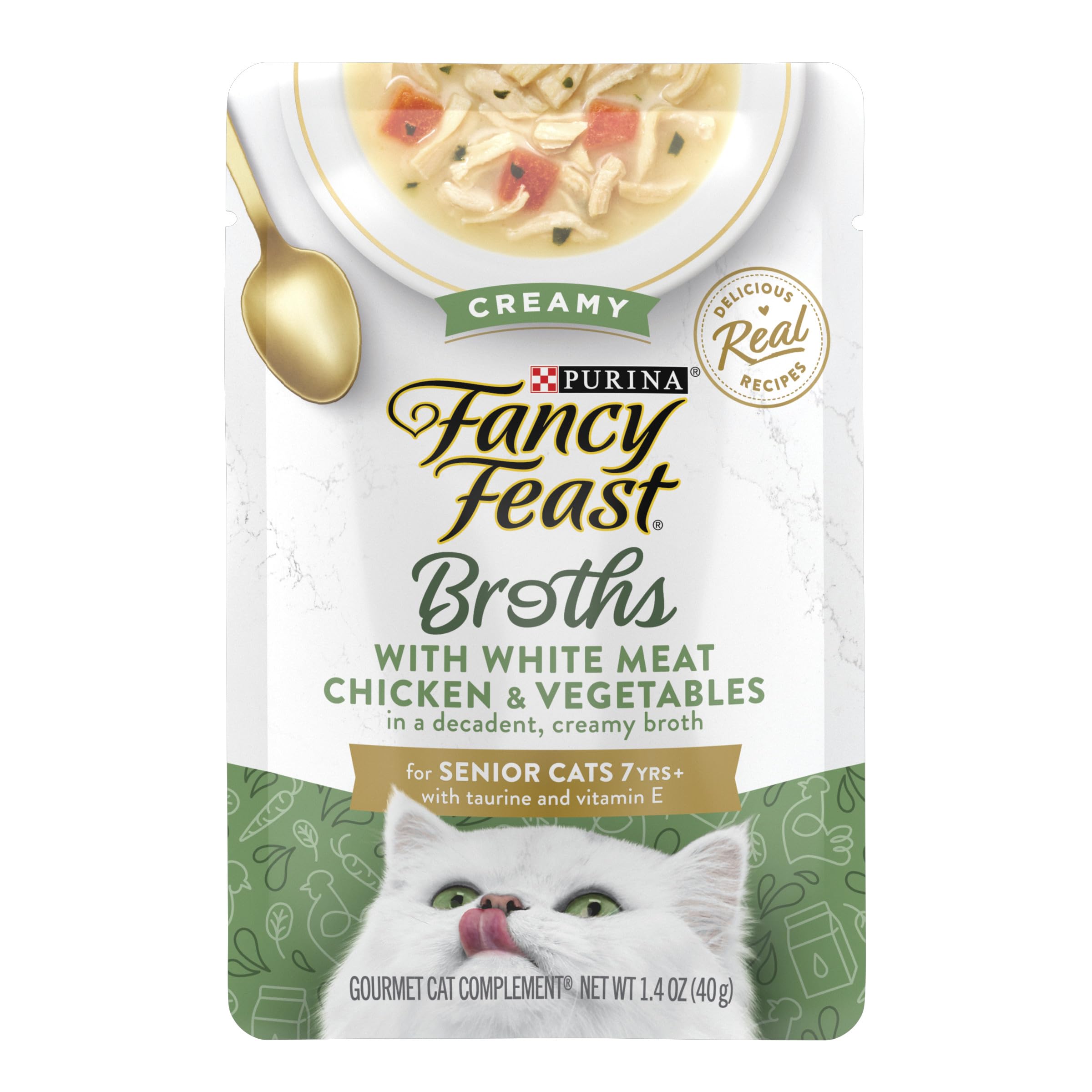 Fancy Feast Broths cremosa para gatos senior, porciones individuales para comodidad diaria