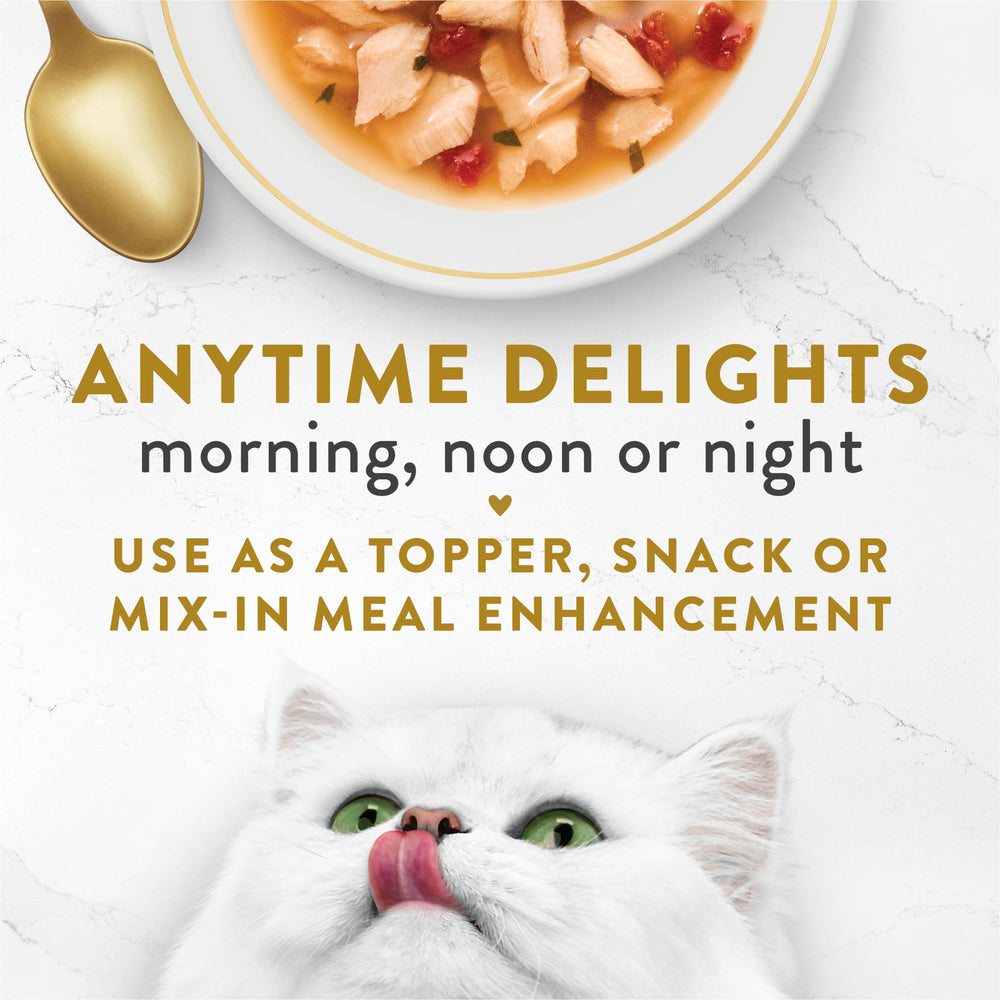 Fancy Feast Broths empaque práctico para verter fácilmente en cada comida.